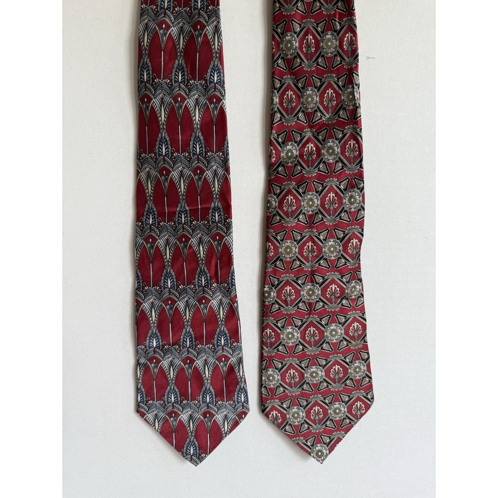 Lot 2 Louis Feraud Vintage Silk Ties Red Geometric Art Deco Floral